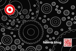 Unzählige 29-zackig kreisrunde, fahmy.blog - Logos in verschiedenen Größen fliegen wie Seifenblasen über das Bild. Wie eine Radierung in weiss-schwarz.