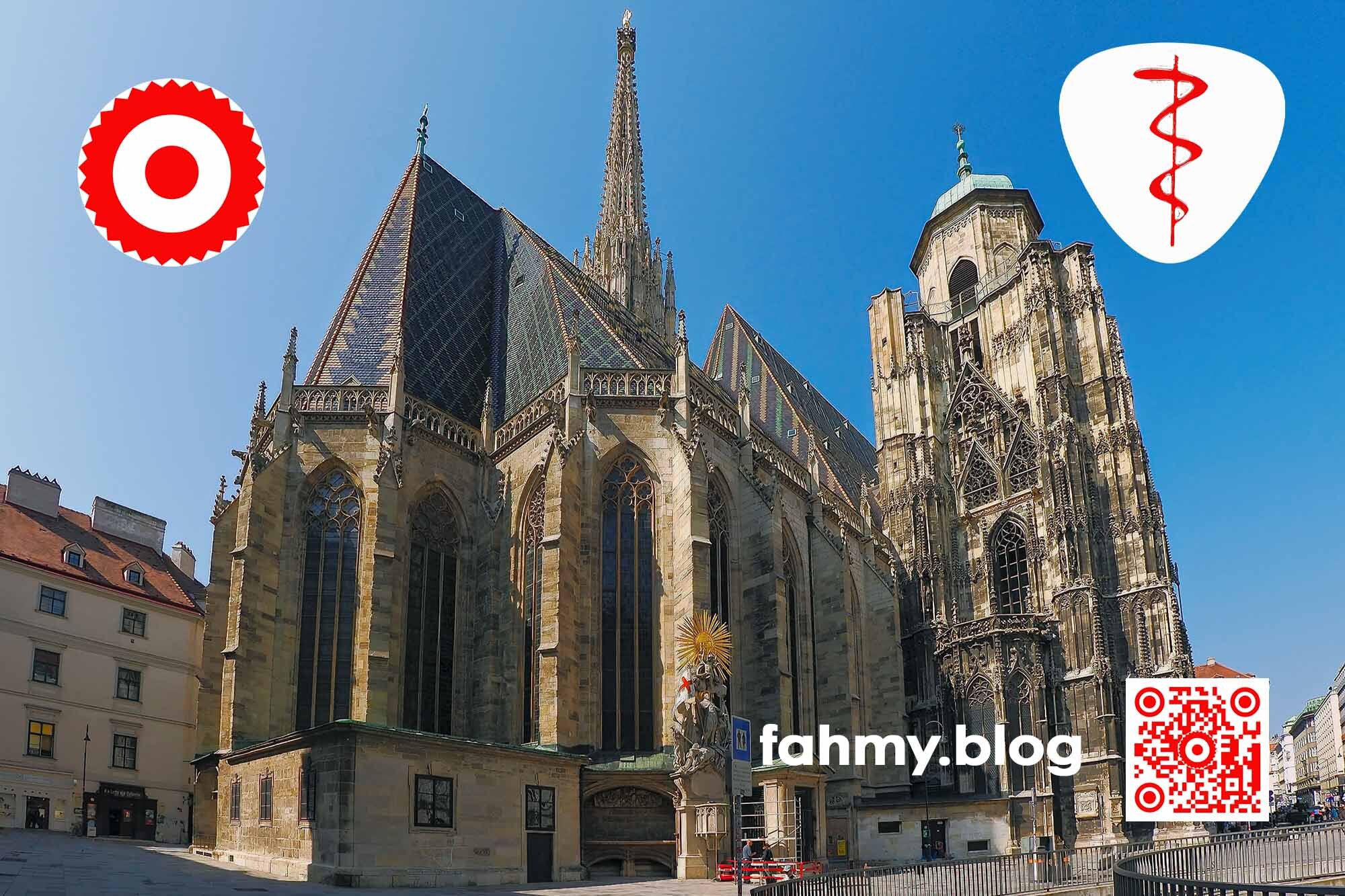 Stephansdom in Wien (c) fahmy.blog 2024 Das Foto wurde für den Beitrag Effektivität und Effizienz gemacht. Das Foto zeigt die Rückseite des Wiener Stephansdoms. Eine Weitwinkelaufnahme, die es möglich macht, den gesamten Dom abzulichten. Das rot-weiß-rote Logo von fahmy.blog ist in der linken oberen Ecke, der QR-Code und Bildunterschrift von fahmy.blog ist in der rechten Ecke zu sehen. Ein weißes dreieckiges bzw. triigonales Wappen mit einer roten sich um einen Stab windenden Schlange - einer Äskulap-Natter - ist in der rechten oberen Ecke des Bildes zu sehen.