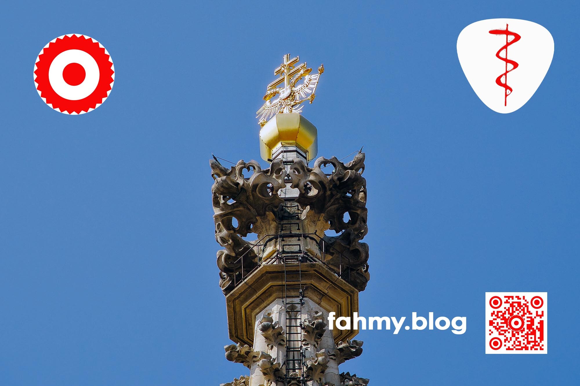 Stephansdom in WIen (c) fahmy.blog 2024 Das Foto wurde für den Beitrag Effektivität und Effizienz gemacht. Das Foto zeigt die Turmkugel des Wiener Stephansdoms in ca. 130 m Höhe im Detail im gleißenden Sonnenlicht - von der Rückseite aufgenommen. Das rot-weiß-rote Logo von fahmy.blog ist in der linken oberen Ecke, der QR-Code und Bildunterschrift von fahmy.blog ist in der rechten Ecke zu sehen. Ein weißes dreieckiges bzw. triigonales Wappen mit einer roten sich um einen Stab windenden Schlange - einer Äskulap-Natter - ist in der rechten oberen Ecke des Bildes zu sehen.