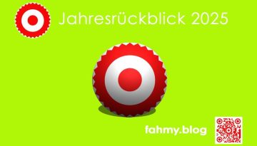 Das Beitragsbild "Jahresrückblick 2025" ist in grellem gelbgrün gehalten. Ein weißer Schriftzug Jahresrückblick 2024 ist quer über das obere Drittel des Bildes zu sehen, in der Mitte darunter das dreidimensionale Logo von fahmy.blog. Dieses Logo sieht den Betrachter förmlich an. Das rot-weiß-rote Logo von fahmy.blog ist in der linken oberen Ecke, der QR-Code und Bildunterschrift von fahmy.blog ist in der rechten Ecke zu sehen.